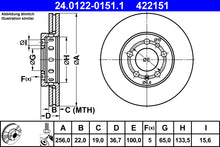 ATE Remschijf Vooras Diameter: 256 mm Dikte: 22 mm Verwerking: High carbon, gecoat Aantal gaten: 5 Steek