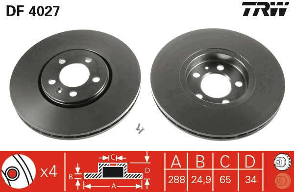 Textar Remschijf Vooras 288 mm Dikte: 25 mm Type: Geventileerd Centrering Ø: 65 mm Hoogte: 34 mm Aantal
