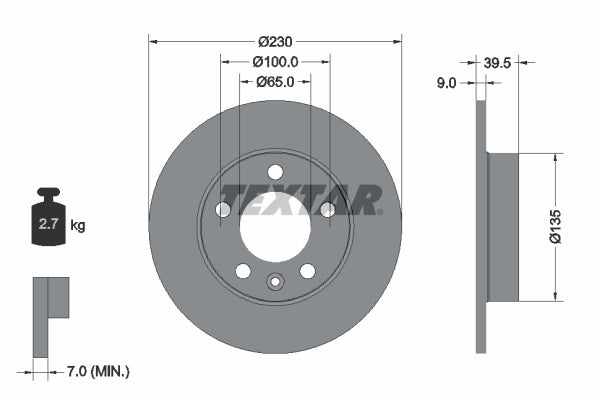 Textar Remschijf Achteras 230 mm - Dikte: 9 mm - Hoogte: 40 mm - Type: Massief Massief 92082503