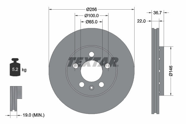 Textar Remschijf Vooras 256 x 22 mm Geventileerd 92082205