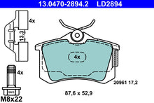 ATE Remblokkenset Achteras | Breedte 2 [mm]: 88 mm, Hoogte: 53 mm, Dikte: 17 mm, Slijtageindicator: Excl.