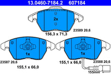 ATE Remblokkenset Vooras | Breedte 1: 155 mm, Hoogte 1: 66 mm, Breedte 2 [mm]: 156 mm, Hoogte 2: 71 mm,