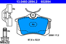 ATE Remblokkenset Achteras | Breedte 2 [mm]: 88 mm, Hoogte: 53 mm, Dikte: 17 mm, Slijtageindicator: Excl.