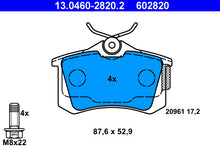 ATE Remblokkenset Achteras | Breedte 2 [mm]: 88 mm, Hoogte: 53 mm, Dikte: 17 mm, Slijtageindicator: Excl.